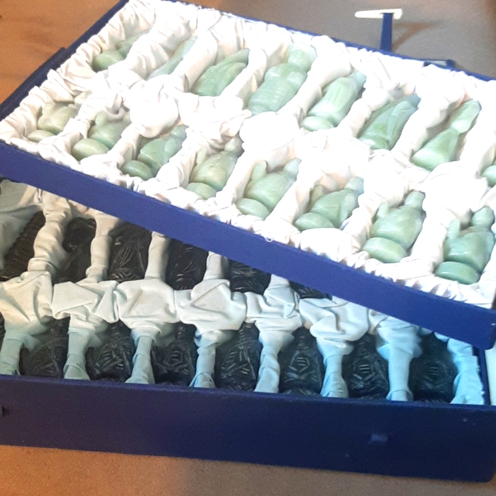 1950 / 60s travelling jade chess set, original box